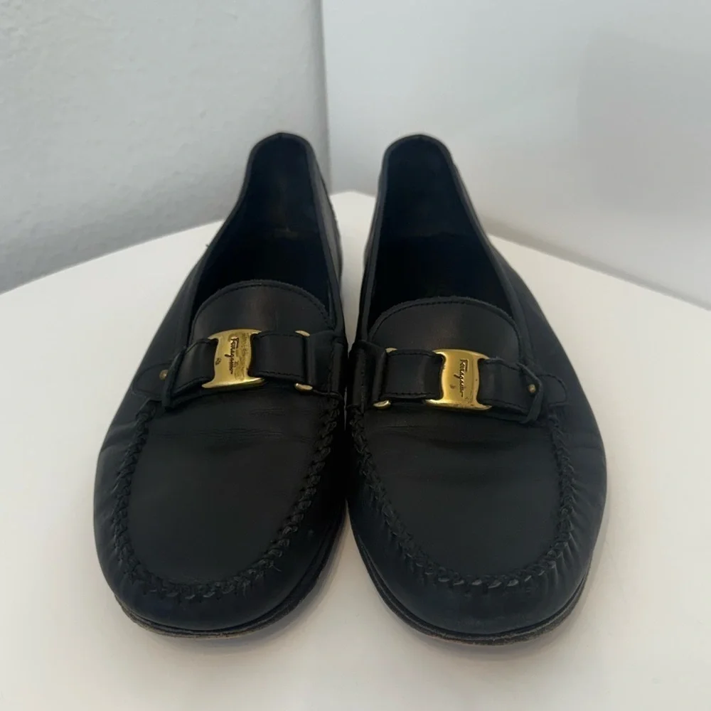 Salvatore Ferragamo Black Leather Loafers with Gold Buckle size 91/2